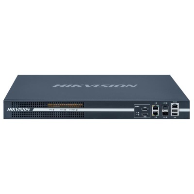 Dispositivo eletrónico HIKVISION preto com portas HDMI, USB, Ethernet e RS-232 na parte frontal
