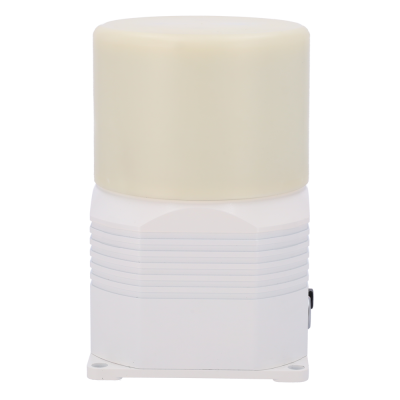 Dispositivo eletrónico branco e bege com base hexagonal e parte superior cilíndrica