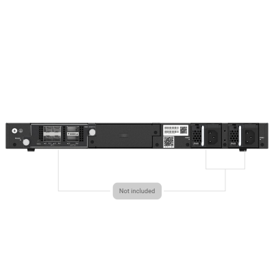 Aparelho electrónico preto com conexões e etiqueta 'Not included'