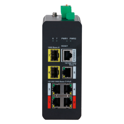 equipamento de rede preto com portas Ethernet coloridas e texto