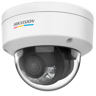 Câmara de segurança dome branca com lente preta e logótipo HIKVISION