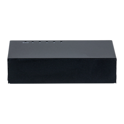 Dispositivo eletrónico preto retangular com indicadores LED na parte superior