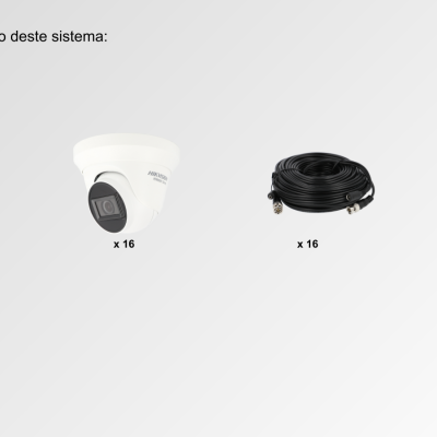 Conjunto de equipamento de videovigilância sobre fundo branco com texto