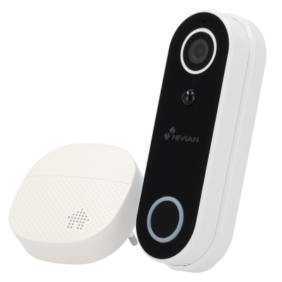 Campainha eletrónica Nivian preta e branca com botão iluminado e dispositivo recetor branco