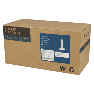 Caixa de papelão castanha com rótulos azul e preto e imagem de suporte branco