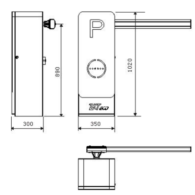 Barreira automática de estacionamento com letra P e texto ZKT eco em desenho técnico