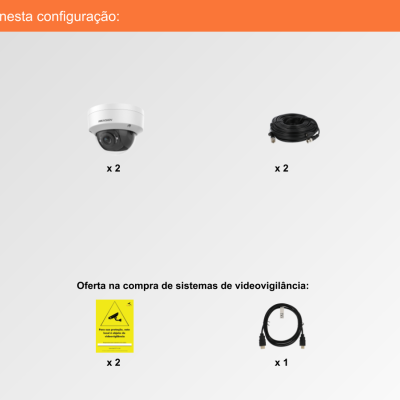 Componentes do sistema de videovigilância exibidos com descrições e fundo cinzento.