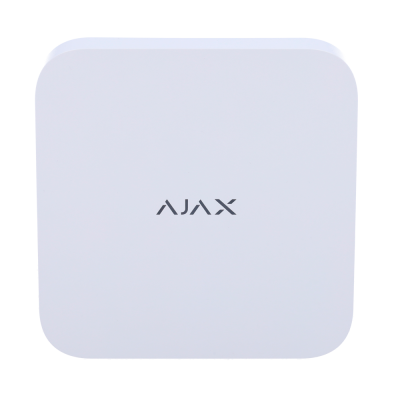 Aparelho quadrado branco com marca AJAX no centro
