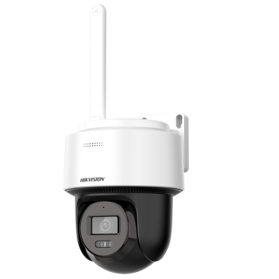 Câmara de vigilância Hikvision branca e preta com antena montada na parede