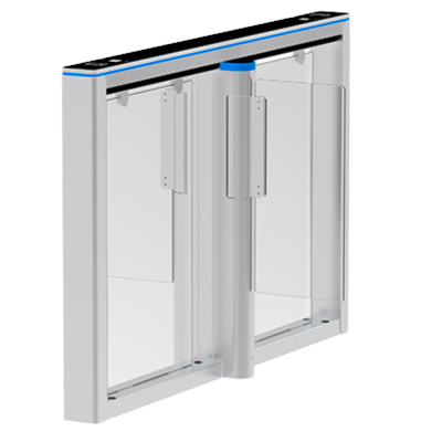 Porta giratória automática metálica cinza com painéis transparentes