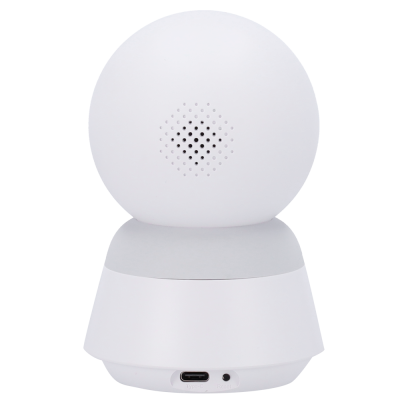 Dispositivo eletrónico branco arredondado com orifícios e entrada USB tipo-C