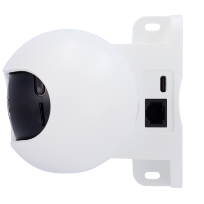 Câmara de vigilância branca com lente negra e entradas USB e Ethernet