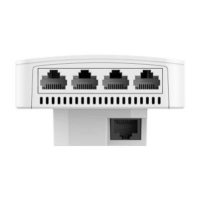 Dispositivo branco com cinco portas Ethernet, quatro superiores e uma inferior.