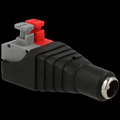 Conector de entrada de áudio com corpo preto e peças cinzentas e vermelhas