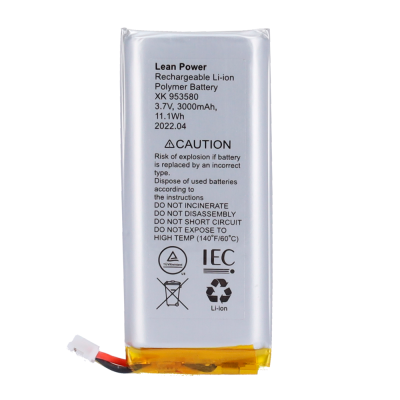 Bateria recarregável de polímero de lítio com etiqueta branca e texto preto