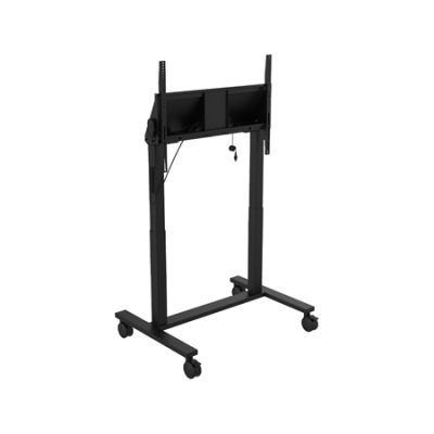 Suporte móvel ajustável para monitor ou televisão preto com rodas.