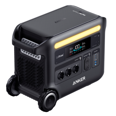 Gerador portátil preto Anker GaNPrime com visor digital e tomadas múltiplas