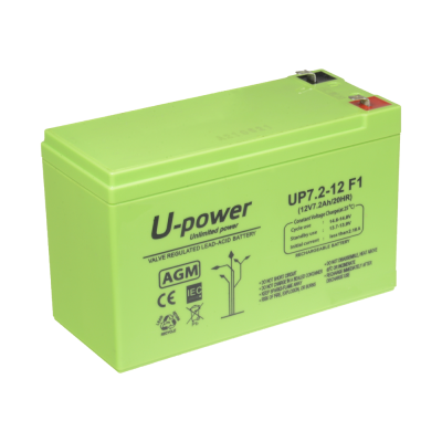 Bateria AGM recarregável U-power verde com texto e símbolos de segurança