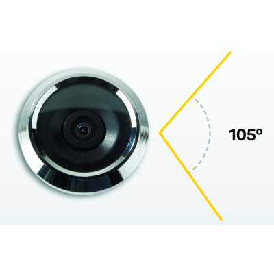 Câmera redonda preta com aro metálico e indicação de ângulo 105°