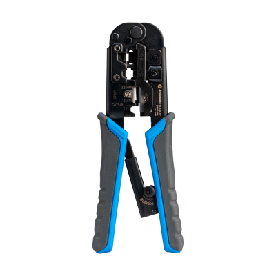 Alicate para crimpar com punhos cinza e azul e corpo preto