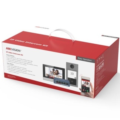 Embalagem vermelha e branca de kit de videoporteiro IP da HIKVISION