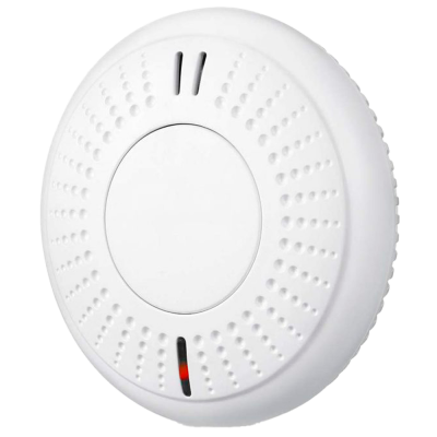 Detector de fumo branco redondo com padrão de pontos e botão central