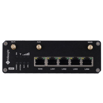 Dispositivo de rede preto com portas LAN e WAN, LEDs indicadores e conectores Wi-Fi