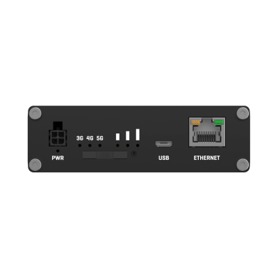 Painel traseiro de dispositivo eletrónico preto com portas PWR, USB, ETHERNET e indicadores 3G 4G 5G