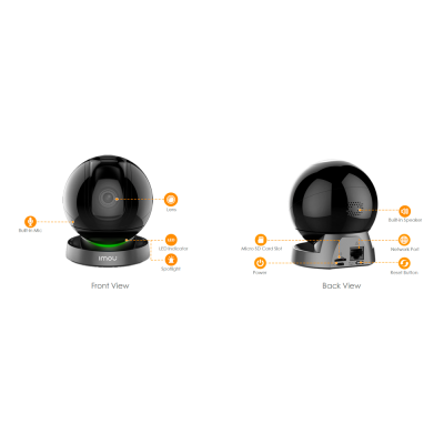 Câmara de vigilância preta com base cinzenta vista frontal e traseira com elementos rotulados