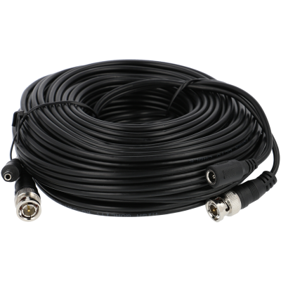 Cabo coaxial preto enrolado com conectores BNC metálicos e conector jack