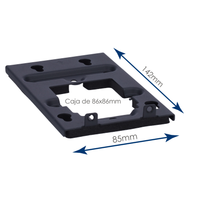 Suporte plástico preto com recortes e texto 'Caja de 86x86mm'