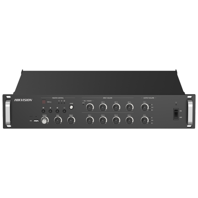 Amplificador de som preto HIKVISION com botões de controlo e porta USB