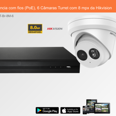 Sistema de videovigilância com 6 câmaras Turret brancas e gravador preto da Hikvision