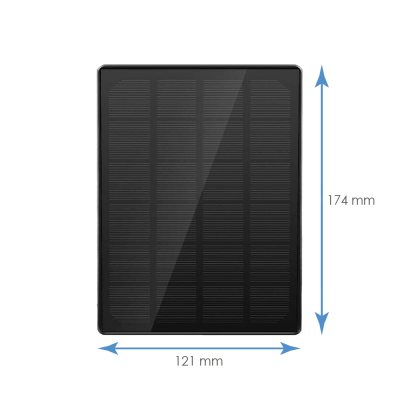 Painel solar retangular preto com dimensões e padrão de linhas