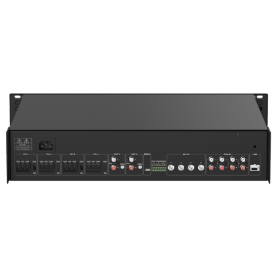 Equipamento eletrónico preto com diversas conexões traseiras etiquetadas.