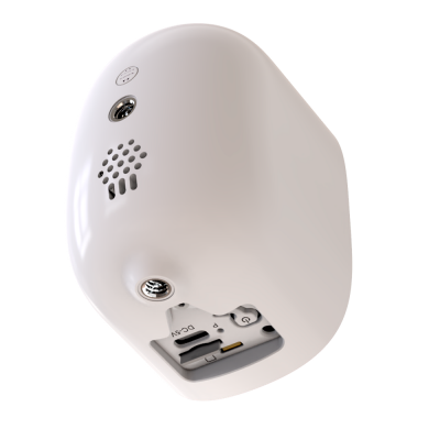 Dispositivo eletrônico branco com grelha, botão e compartimento para USB aberto