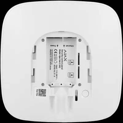 Painel de controlo de segurança branco Ajax com compartimentos para cartões Micro SIM e etiquetas de instruções