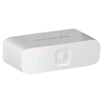 Dispositivo eletrónico branco com luz azul e ícone Wi-Fi