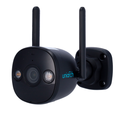 Câmara de vigilância preta com antenas e luzes frontais