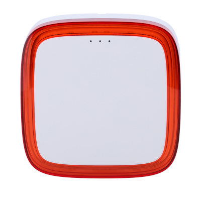 Superfície branca quadrada com borda vermelha arredondada e três pontos pretos no centro superior