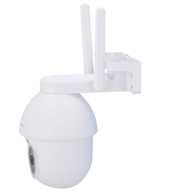 Câmara de segurança domótica branca com antenas ao lado da embalagem azul e branca da marca NIVIAN