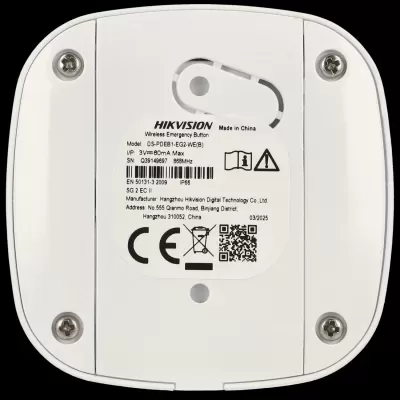 Botão de emergência branco com etiqueta técnica da Hikvision