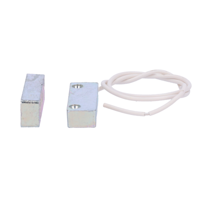 Sensor magnético de contato com duas peças metálicas e fios brancos