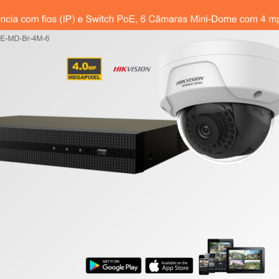 Câmara de vigilância mini-dome branca Hikvision e dispositivo preto com texto promocional em fundo branco e laranja