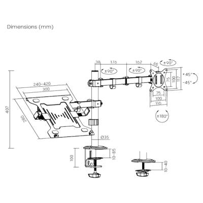 Desenho técnico de suporte ajustável para monitor e laptop com medidas em milímetros e ângulos de rotação indicados