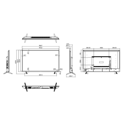 Desenho técnico de televisão plana com medidas e dimensões em milímetros