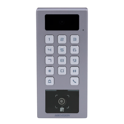 Painel de controlo de acesso eletrónico cinzento com teclado e câmara