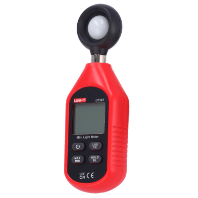Fotómetro portátil Mini Light Meter vermelho e preto com visor digital e botões.