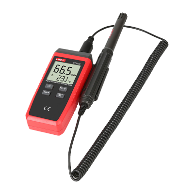 Medidor digital de temperatura e humidade com ecrã LCD e sensor ligado por cabo preto.