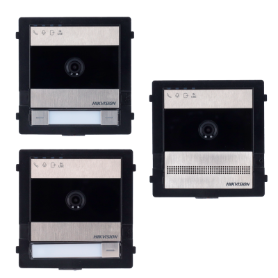 Três módulos de vídeo porteiro HIKVISION preto e cinza
